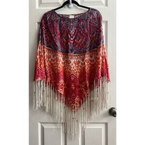 CHICO’S Phoebe 100% Linen Beaded Fringe Triangle Poncho Cover-Up Tunic FLAW